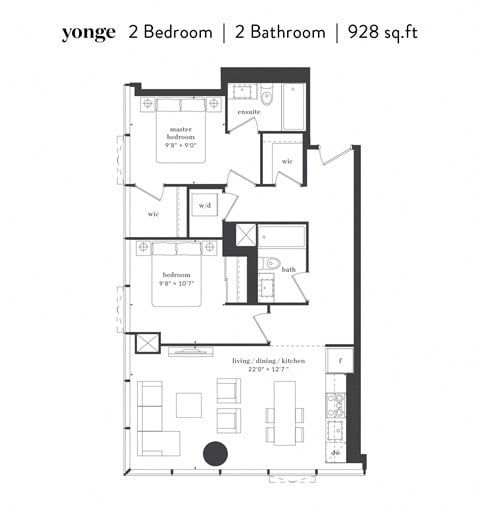 Floor plan for 2 beds, 2 baths, 1027 sqft